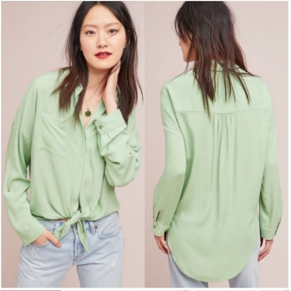Anthropologie Maeve Shirt Top Size XS Green Tie Front Beachy Button Down Preppy
